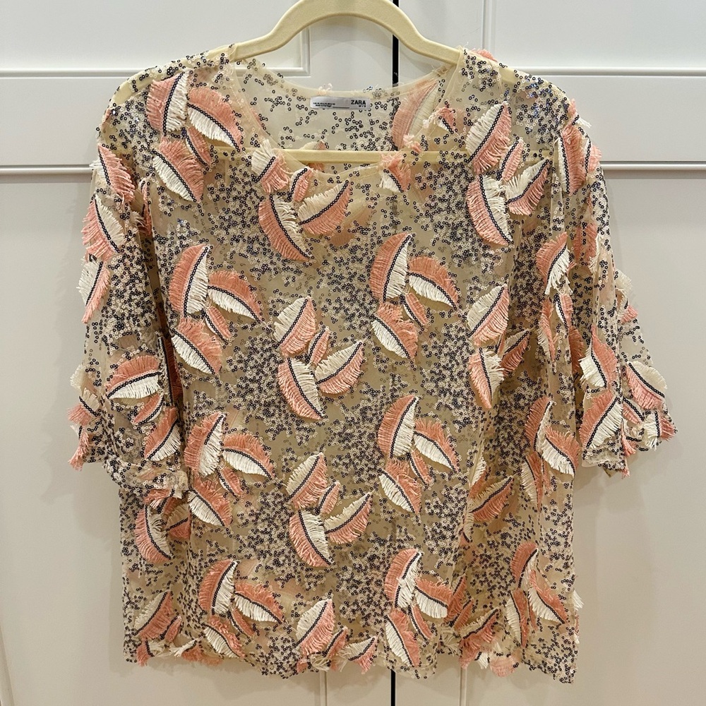 Zara Sequin Fringe Sheer Statement Top – Sparkly Party / NYE Blouse